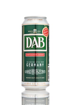 German beer DAB Dortmunder Export in can on white background. Premium draft - quality beer since 1868. 21.06.2019, Rostov-on-Don, Russia.