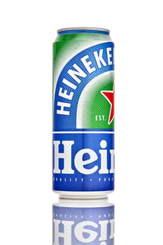 Can of Heineken 0.0 Alcohol Free Beer isolated on white background, produced by the Dutch brewing company Heineken International. 21.06.2019, Rostov-on-Don, Russia.
