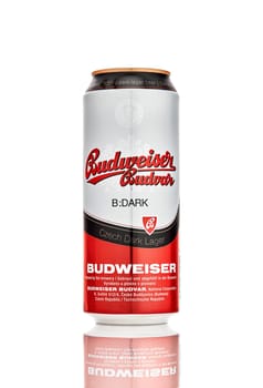 Can of Budweiser dark beer. Popular Czech beer in can on white background. 21.06.2019, Rostov-on-Don, Russia.