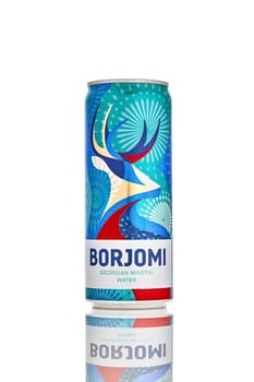 Aluminium can of Borjomi sparkling mineral water on white background.BORJOMI is born in Georgia. 21.06.2019, Rostov-on-Don, Russia.