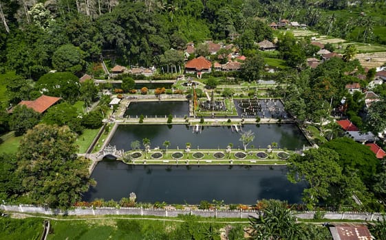Beautiful aerial view of Tirta Gangga Royal Water Palace in East Bali, Karangasem, Indonesia.