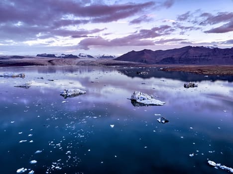Aerial view of Glacier lagoon in Iceland during the sunrise