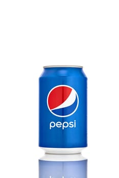 Can of Pepsi, isolate on white background with reflection. Popular soft drink. 21.06.2019, Rostov-on-Don, Russia.