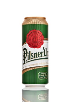 Can of Pilsner Urquell beer isolated on white. Produced since 1842 in Pilsen, Czech Republic. 21.06.2019, Rostov-on-Don, Russia.