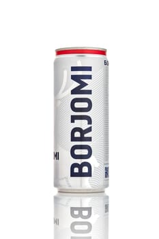 Aluminium can of Borjomi sparkling mineral water on white background.BORJOMI is born in Georgia. 21.06.2019, Rostov-on-Don, Russia.