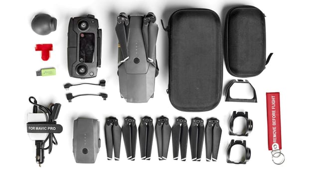 DJI Mavic PRO and accessory kit on white background. 02.12.2018 Rostov on Don, Russia