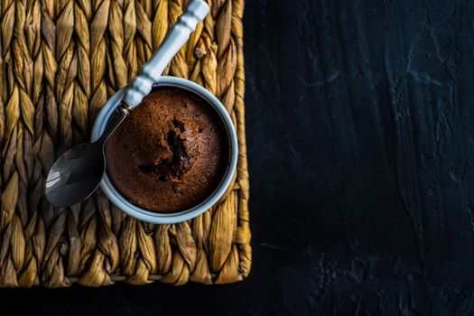 Fresh bakes chocolate fondant cake served in a bowl