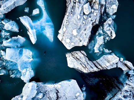 Aerial view of Glacier lagoon in Iceland. Seals on the ice