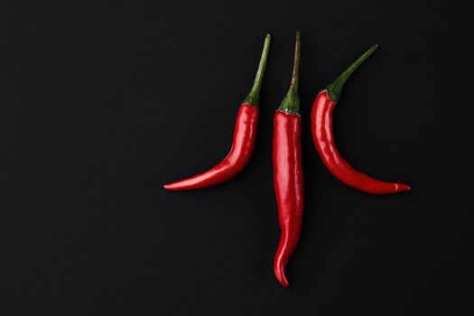 Red hot chili pepper on black background. Seasoning for real men. Fire seasoning.
