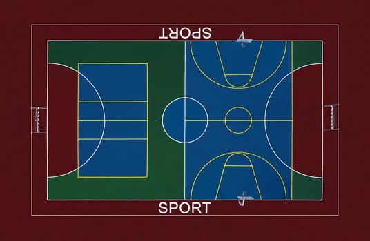 Universal sports ground, aerial view. Game sports volleyball, football, basketball, badminton, tennis on one site.