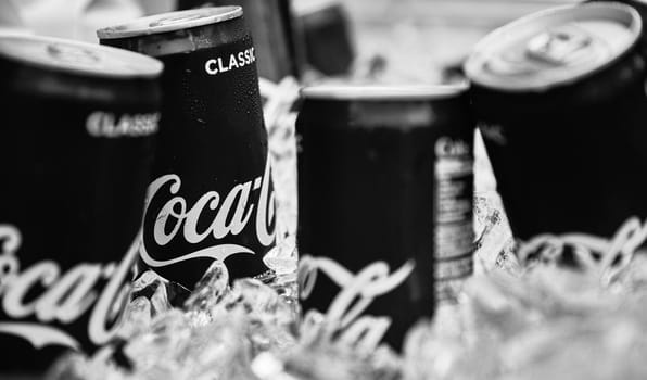 Coca-Cola cans in ice. Popular soft drink. 18.01.2019 Singapore