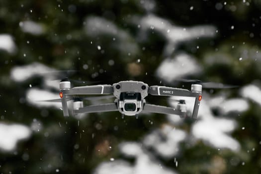 DJI Mavic 2 Pro, flying in wet snow conditions. DJI Mavic 2 Pro one of the most portable drones in the market, with Hasselblad camera. 07.12.2018 Rostov-on-Don, Russia