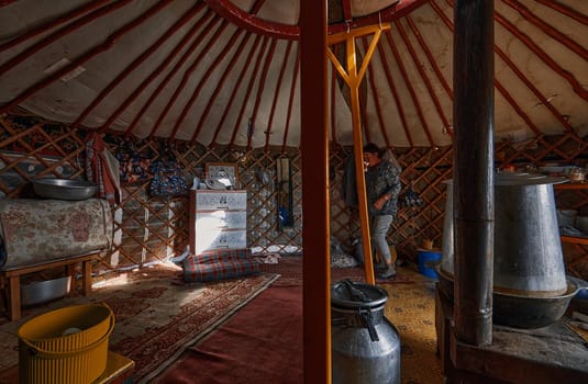 Life of the Mongolian Yurt. Interior of the nomad's house. Mongol family at home. 06.09.2019. Gobi Desert, Mongolia.