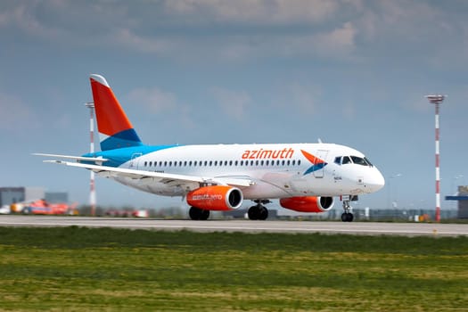 Aircraft Sukhoi Superjet 100 RA-89079 Azimut airlines takes off in airport Platov. Spotting at the airport Platov. 24.05.2019 ROSTOV-ON-DON, RUSSIA.