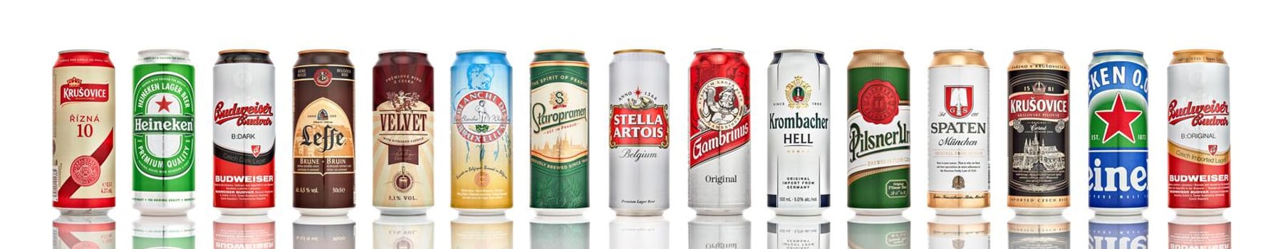 Set of popular european beer in cans on white background. Beer in cans. 21.06.2019, Rostov-on-Don, Russia.