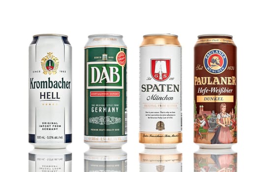 Set of popular german beer in cans on white background. Cans of Spaten, Dab, Paulaner,Krombacher. 21.06.2019, Rostov-on-Don, Russia.
