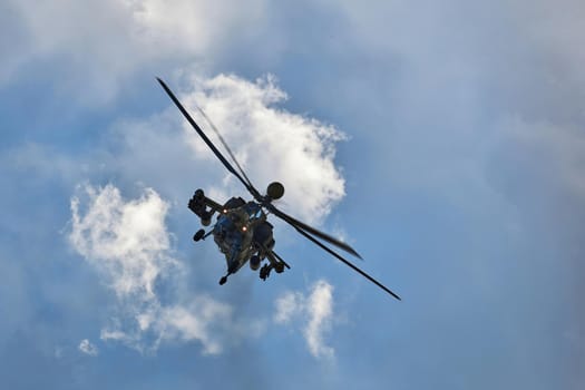 Mil Mi-28 Mi-28NM, codification of NATO: Havoc. Russian all-weather, day-night, military tandem, two-seat anti-armor attack helicopter on MAKS 2019 airshow. ZHUKOVSKY, RUSSIA, AUGUST 27, 2019.