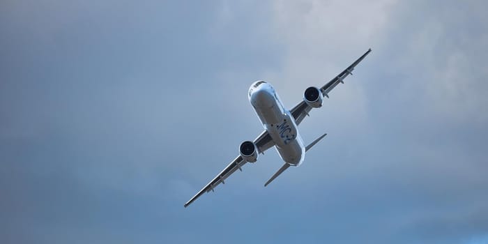 New Russian passenger aircraft MS-21-300 flying prototype of a new Russian civil airliner during test flights on MAKS 2019 airshow. ZHUKOVSKY, RUSSIA, AUGUST 27, 2019.