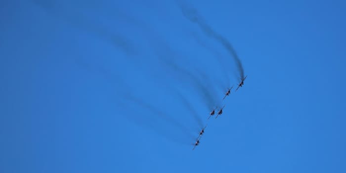 Airshow of the aerobatic team Strizhi (The Swifts). Aerobatic Team on fighters Mig-29, Russian Air Force, on at the International Aviation and Space salon MAKS 2019. ZHUKOVSKY, RUSSIA, 08,27,2019.