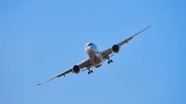 AIRBUS A350 XWB. Modern Airliner Demonstration flight on MAKS 2019 airshow. ZHUKOVSKY, RUSSIA, AUGUST 30, 2019.