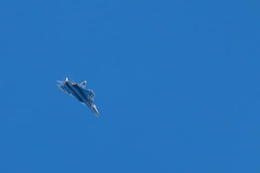 New Russian five generation fighter SU 57 (T-50) shows aerial maneuver battle at Moscow International Aviation and Space Salon MAKS 2019. RUSSIA, AUGUST 28, 2019.