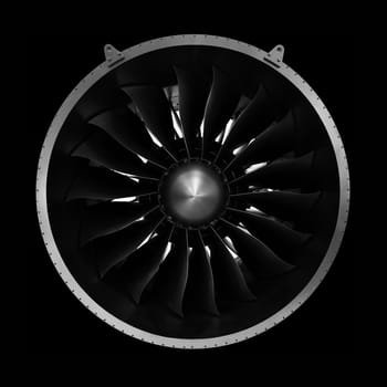 Modern turbofan engine. close up of turbojet of aircraft on black background.