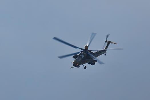 Mil Mi-28 Mi-28NM, codification of NATO: Havoc. Russian all-weather, day-night, military tandem, two-seat anti-armor attack helicopter on MAKS 2019 airshow. ZHUKOVSKY, RUSSIA, AUGUST 27, 2019.