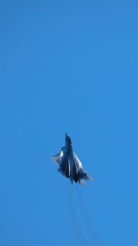 New Russian five generation fighter SU 57 (T-50) shows aerial maneuver battle at Moscow International Aviation and Space Salon MAKS 2019. RUSSIA, AUGUST 28, 2019.