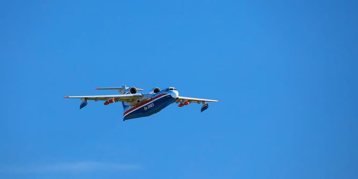 Multipurpose amphibious aircraft Beriev Be-200 Altair at the International Aviation and Space Salon MAKS 2019, Demonstration flight and Water discharge. ZHUKOVSKY, RUSSIA, AUGUST 28, 2019.