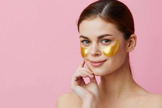 portrait woman golden patches clean skin smile posing isolated background. High quality photo