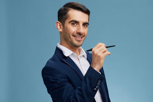 businessmen smile pen in hand close-up self-confidence official isolated background. High quality photo