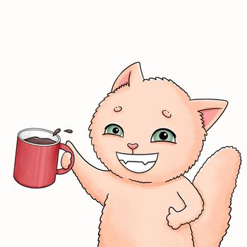 Cat with coffee cup, cute coffee addicted animal. High quality illustration