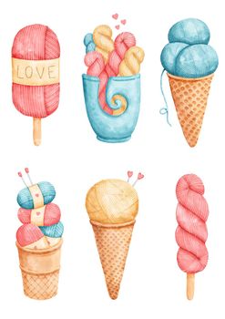 Ice knitting, knit cream, yarn balls, knitting. High quality illustration