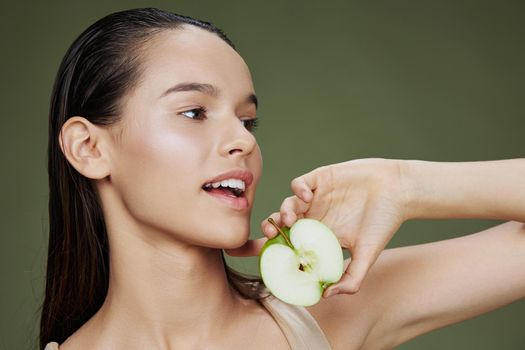 portrait woman happy smile green apple health close-up Lifestyle. High quality photo