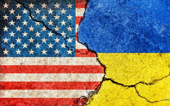 USA vs Ukraine (War crisis , Political conflict). Grunge country flag illustration (cracked concrete background)