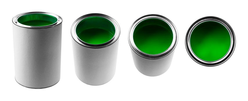 A jar with green paint in different angles on a white background.