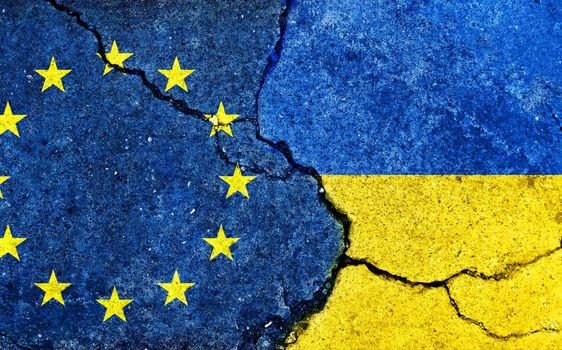 EU vs Ukraine (War crisis , Political conflict). Grunge country flag illustration (cracked concrete background)
