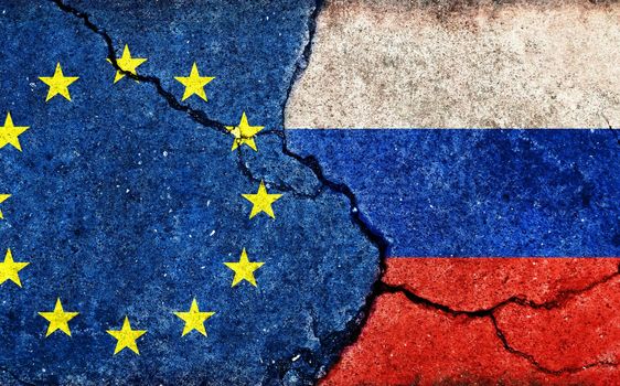 EU vs Russia (War crisis , Political conflict). Grunge country flag illustration (cracked concrete background)