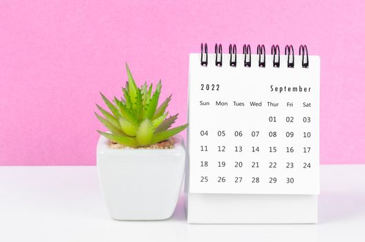 The September 2022 desk calendar with plant pot on pink background.