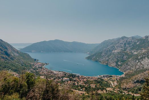 Beautiful nature mountains landscape. Kotor bay, Montenegro. Views of the Boka Bay, with the cities of Kotor and Tivat with the top of the mountain, Montenegro