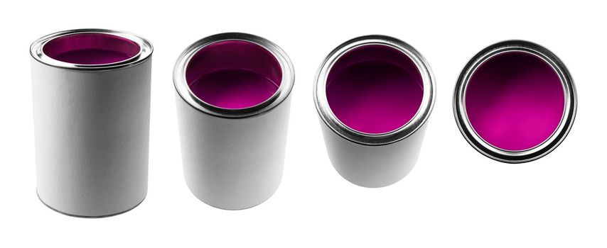 A jar with purple paint in different angles on a white background.