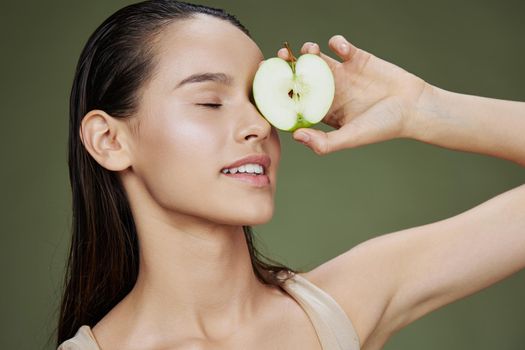 woman happy smile green apple health isolated background. High quality photo