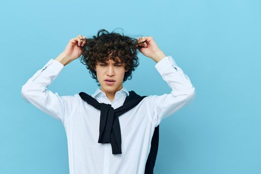 man emotions posing white shirt expression isolated backgrounds. High quality photo