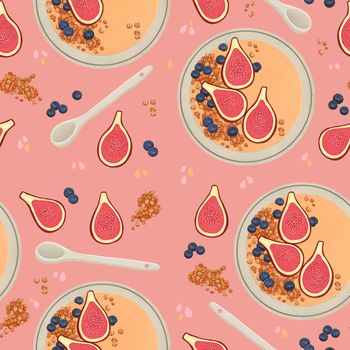 Smoothie bowl seamless pattern with figs, oats and blueberry. High quality illustration