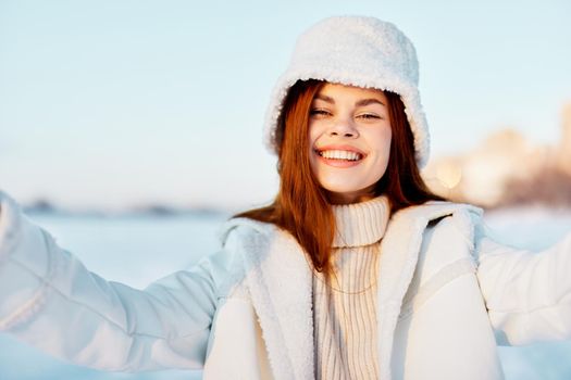 beautiful woman winter clothes walk snow cold vacation Lifestyle. High quality photo