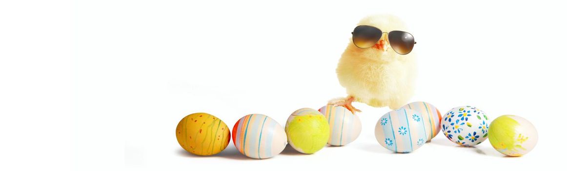 An Easter decoration with cool chicken. Easter holiday concept.