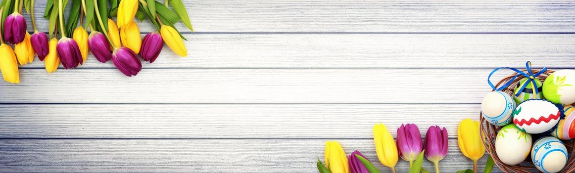 Easter composition with tulips. Festive decoration. Happy Easter.
