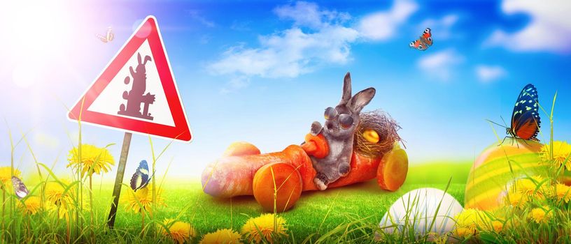 Easter composition with rabbit. Festive decoration. Happy Easter.
