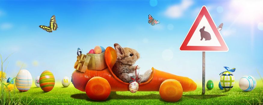 Easter composition with rabbit. Festive decoration. Happy Easter.