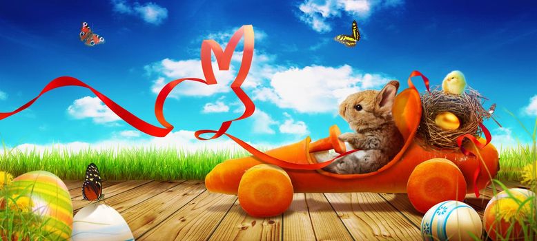 Easter composition with rabbit. Festive decoration. Happy Easter.